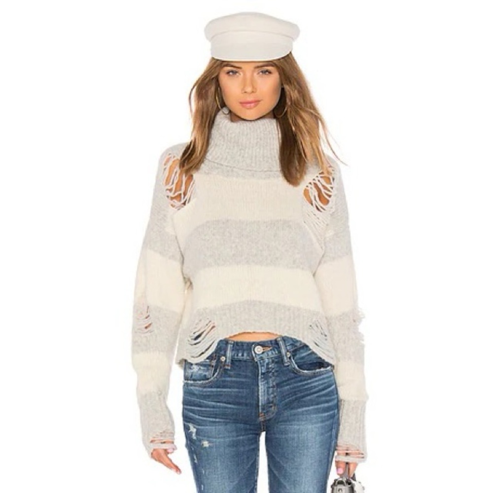 NSF Odelia Destroyed Turtleneck in Soft White & Light Heather S